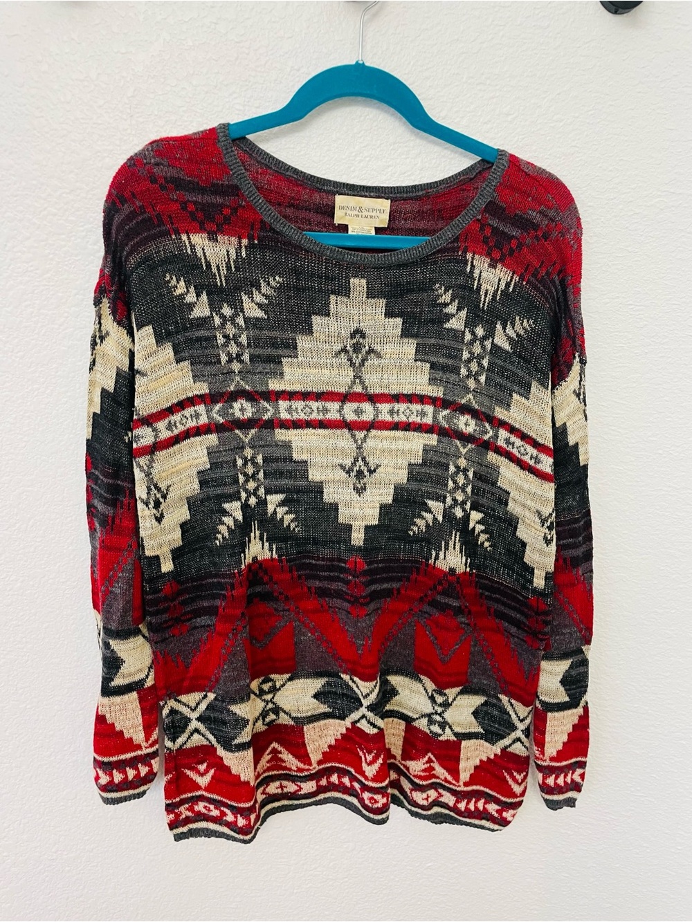 Denim & Supply Ralph Lauren Red, Black & Cream Aztec Crewneck Sweater